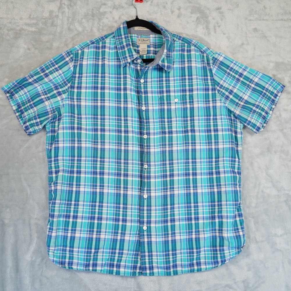 LL Bean Shirt Mens XL RG Blue Green White Short Sleeve Button Up Gorpcore